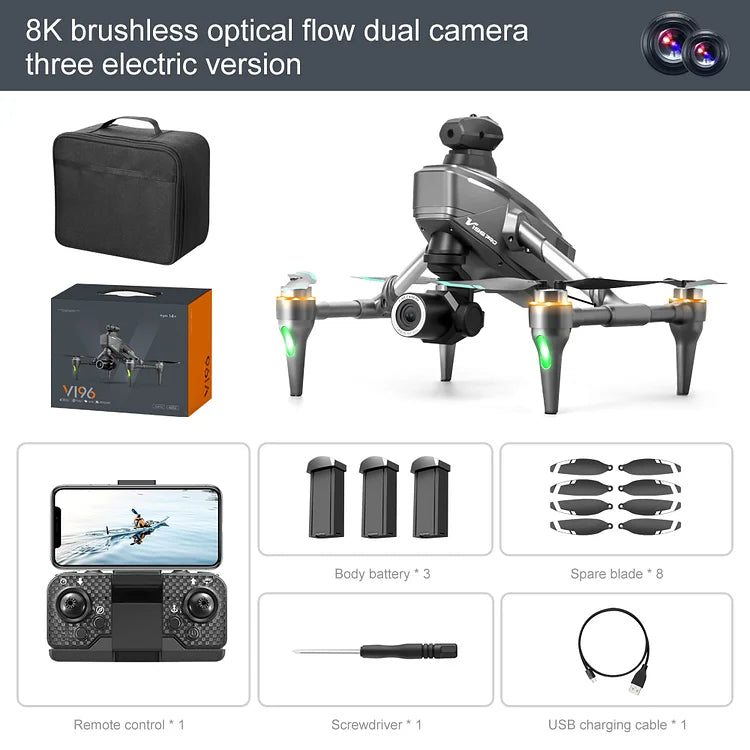 🔔 Drone with 8K camera for adults, v196 rc quadcopter with auto return, follow me, brushless motor, circular flight, waypoint, altitude hold, headless mode, 28 minutes long flight time!!